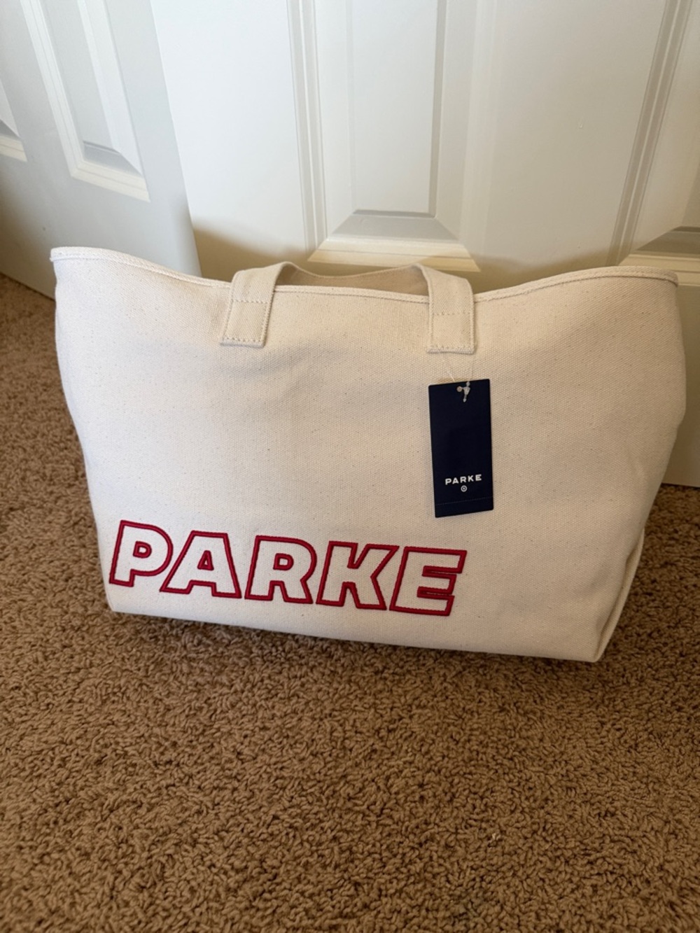 PARKE x Target Collab Canvas Tote Bag in Cream with Red Logo